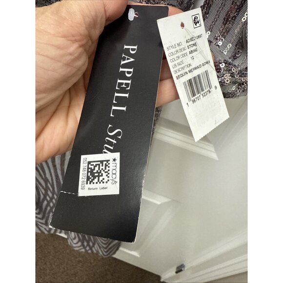 Adrianna Papell Size 12 Stone Gray Sequin Gown Long Sleeve Cocktail, Formal Maxi - Picture 7 of 12